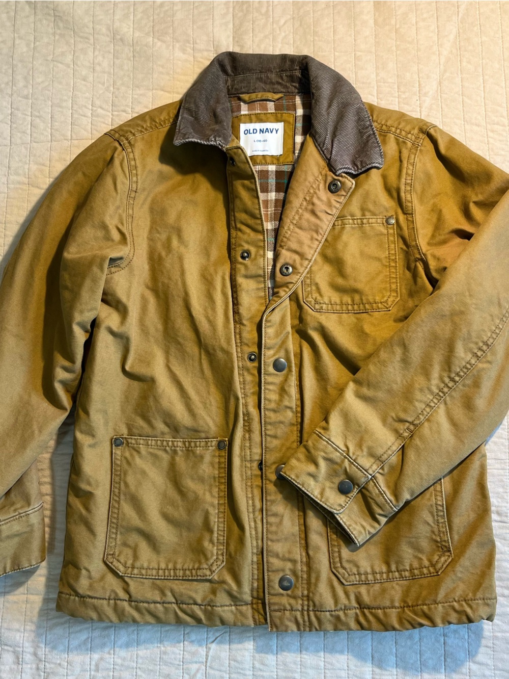 Old Navy Tan Canvas Jacket with Dark Brown Corduroy Collar